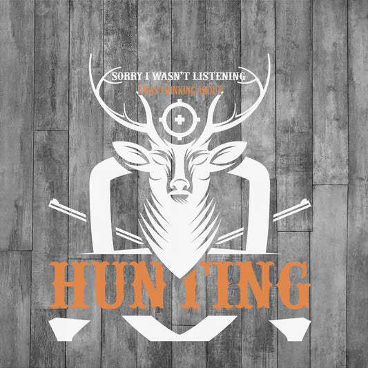 DEZERT GRAPHIC WORX, DTF TRANSFER,White deer illustration with 'Hunting' text