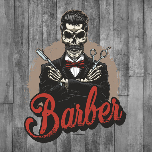 DEZERT GRAPHIC WORX, DTF TRANSFER,Skull in a barber's outfit with tools